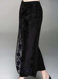 Black Casual Embroidery Wide Leg Pants