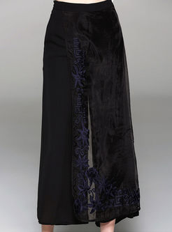 Black Casual Embroidery Wide Leg Pants