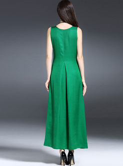 Green Silk Sleeveless Stitching Maxi Dress