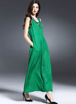 Green Silk Sleeveless Stitching Maxi Dress