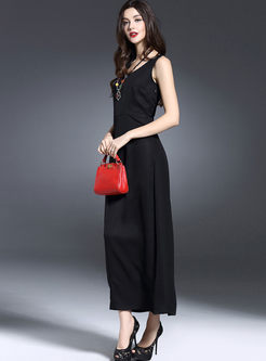 Black Silk Sleeveless Stitching Maxi Dress