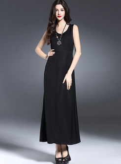 Black Silk Sleeveless Stitching Maxi Dress