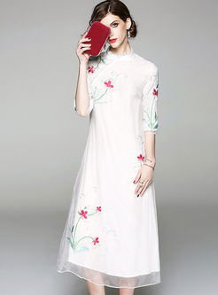 Casual Floral Embroidery Stand Collar Mesh Shift Dress