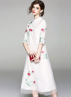 Casual Floral Embroidery Stand Collar Mesh Shift Dress