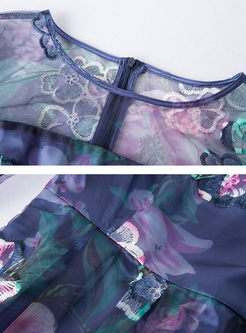 Gauze Embroidery Spangle Plus Size Skater Dress