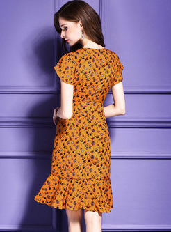 Orange Floral Print High Waist Skater Dress