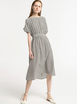 Grey Casual Striped Waist A Line Dress