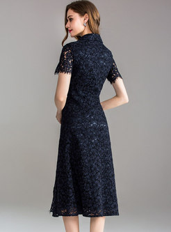 Deep Blue Embroidery Big Hem Midi Dress