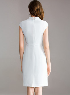 White V-neck Embroidery Sheath Dress