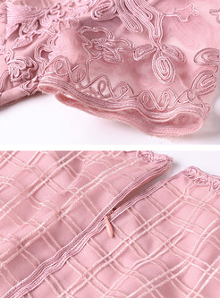 Pink Mesh Embroidery Waist Sheath Dress