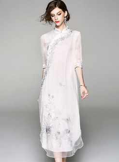 White Gauze Embroidery Shift Dress