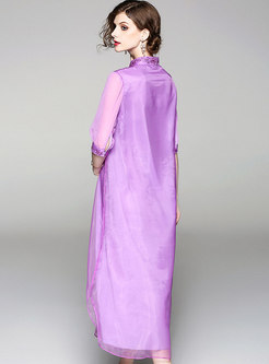 Purple Ethnic Stand Collar Embroidery Dress