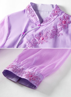 Purple Ethnic Stand Collar Embroidery Dress