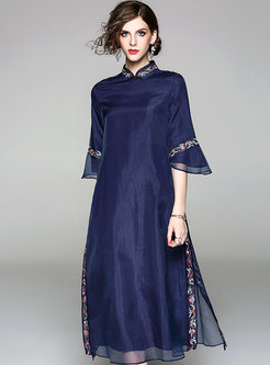 Blue Three Quarters Sleeve Embroidery Dress