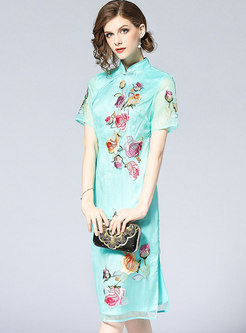 Green Vintage Embroidery Improved Cheongsam Dress
