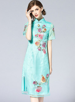 Green Vintage Embroidery Improved Cheongsam Dress