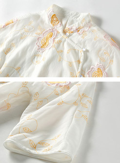 White Stand Collar Embroidery Blouse