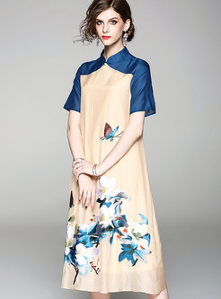 Hit Color Splicing Embroidery Shift Dress