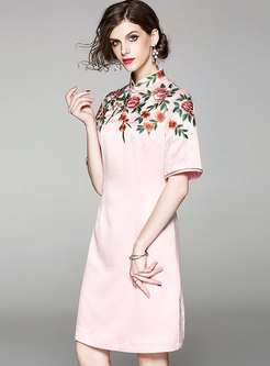 Pink Half Sleeve Embroidery A Line Dress