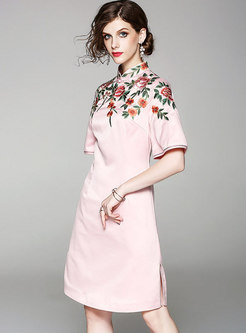 Pink Half Sleeve Embroidery A Line Dress
