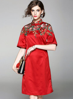 Red Stand Collar Embroidery Improved Cheongsam Dress