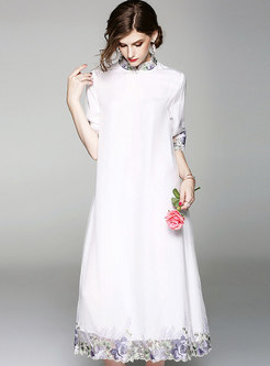 White Plus Size Stand Collar Shift Dress