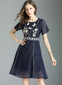 Chiffon Embroidery Short Sleeve A Line Dress