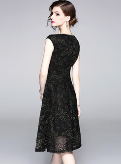 Black Lace Round Neck Midi Dress