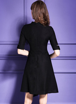 Black High Waist V-neck Asymmetric Dress