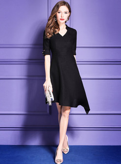 Black High Waist V-neck Asymmetric Dress