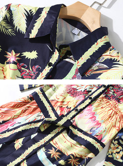 Ethnic Printing Lapel Belted Midi Dress