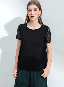 Solid Color Casual Grid Stitching Top