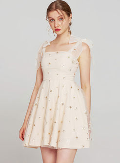 Sweet Apricot Gauze Spangle Embroidery Dress