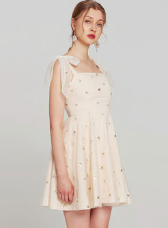 Sweet Apricot Gauze Spangle Embroidery Dress