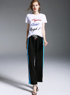 White Embroidered Letter T-shirt & Casual Straight Pants
