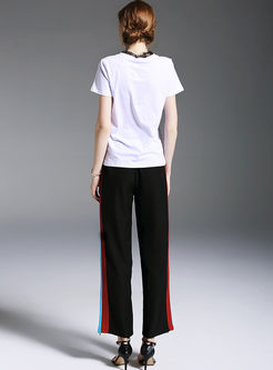 White Embroidered Letter T-shirt & Casual Straight Pants