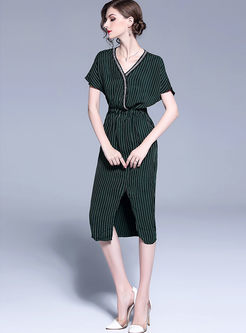 Dark Green V-neck Split Stitching A Line Dress