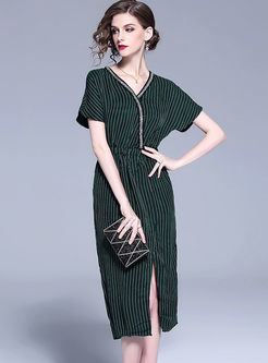 Dark Green V-neck Split Stitching A Line Dress