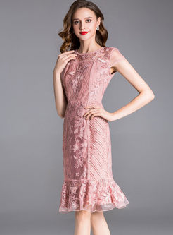 Pink Embroidery Gauze Stitching Elegant Mermaid Dress