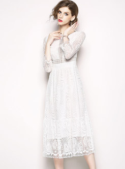 White Hollow Out Slim Lace Dress