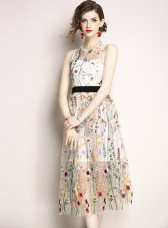 White Flower Embroidery Sleeveless A Line Dress