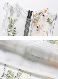 White Flower Embroidery Sleeveless A Line Dress