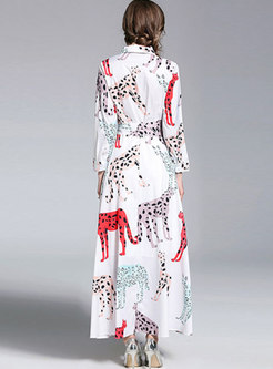 White Animals Print Lapel Belted Maxi Dress