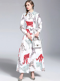 White Animals Print Lapel Belted Maxi Dress