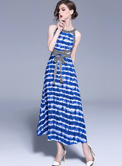 Blue Striped Sleeve Belted Maxi Dress