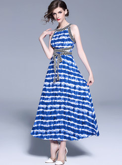Blue Striped Sleeve Belted Maxi Dress