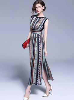 Chiffon Striped Sleeveless Split Maxi Dress