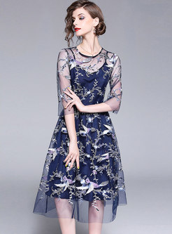 Blue See Through Gauze Embroidery Midi Dress