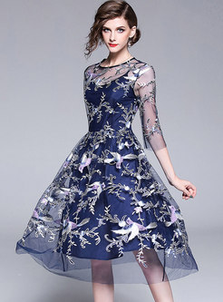 Blue See Through Gauze Embroidery Midi Dress