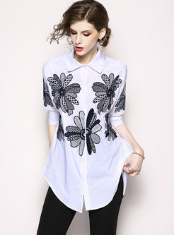 White Loose Embroidery Lapel Blouse